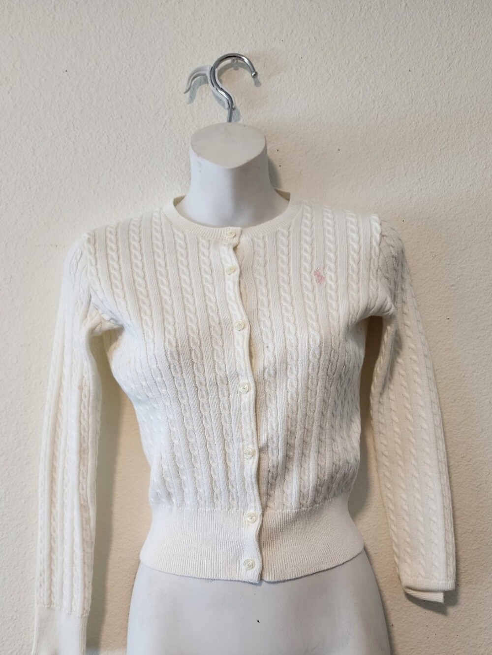 Polo Ralph Lauren Girls Cream Cable Knit Cardigan Sweater Pink Pony Size M 8-10